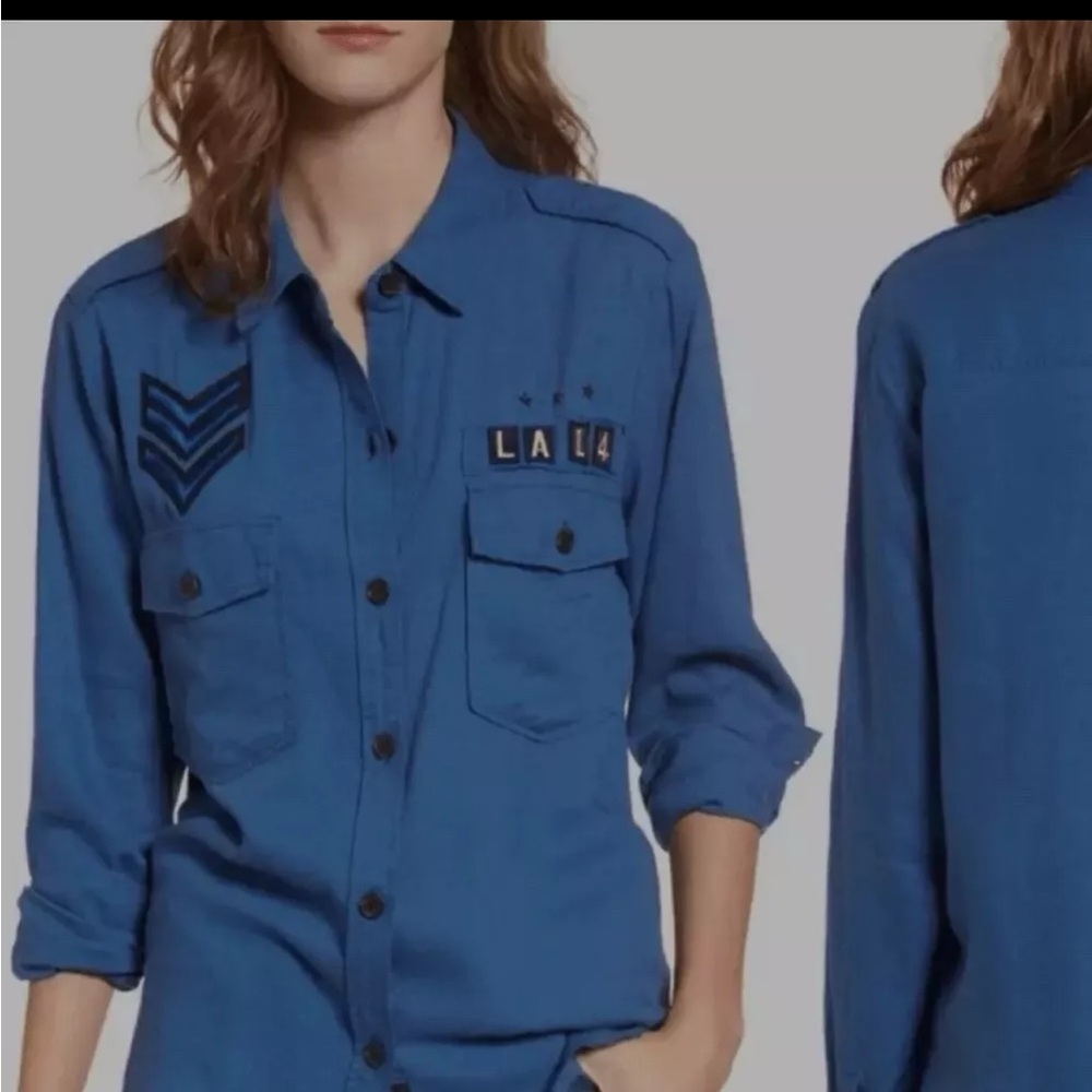 Rails Women’s Lg Blue Button Down Indigo military patches with raw hem